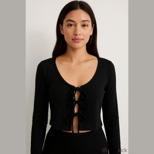 Aerie Black Tie Front Long Sleeve Crop Top Extra Large